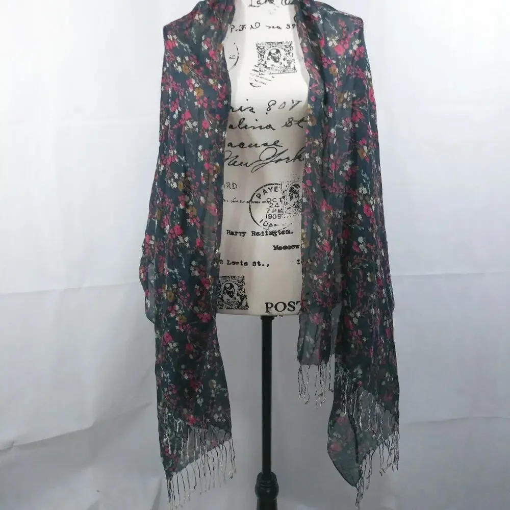 Blue Red Floral Scarf Wrap With Fringe